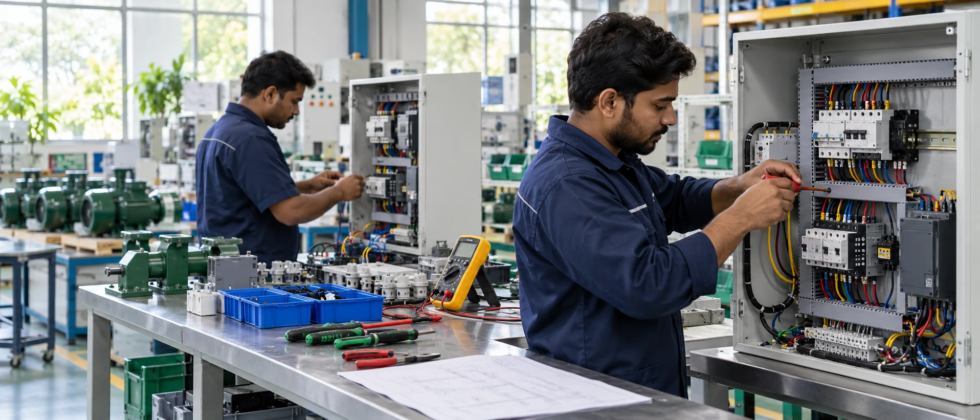 Generated illustration of technicians assembling electrical control panels