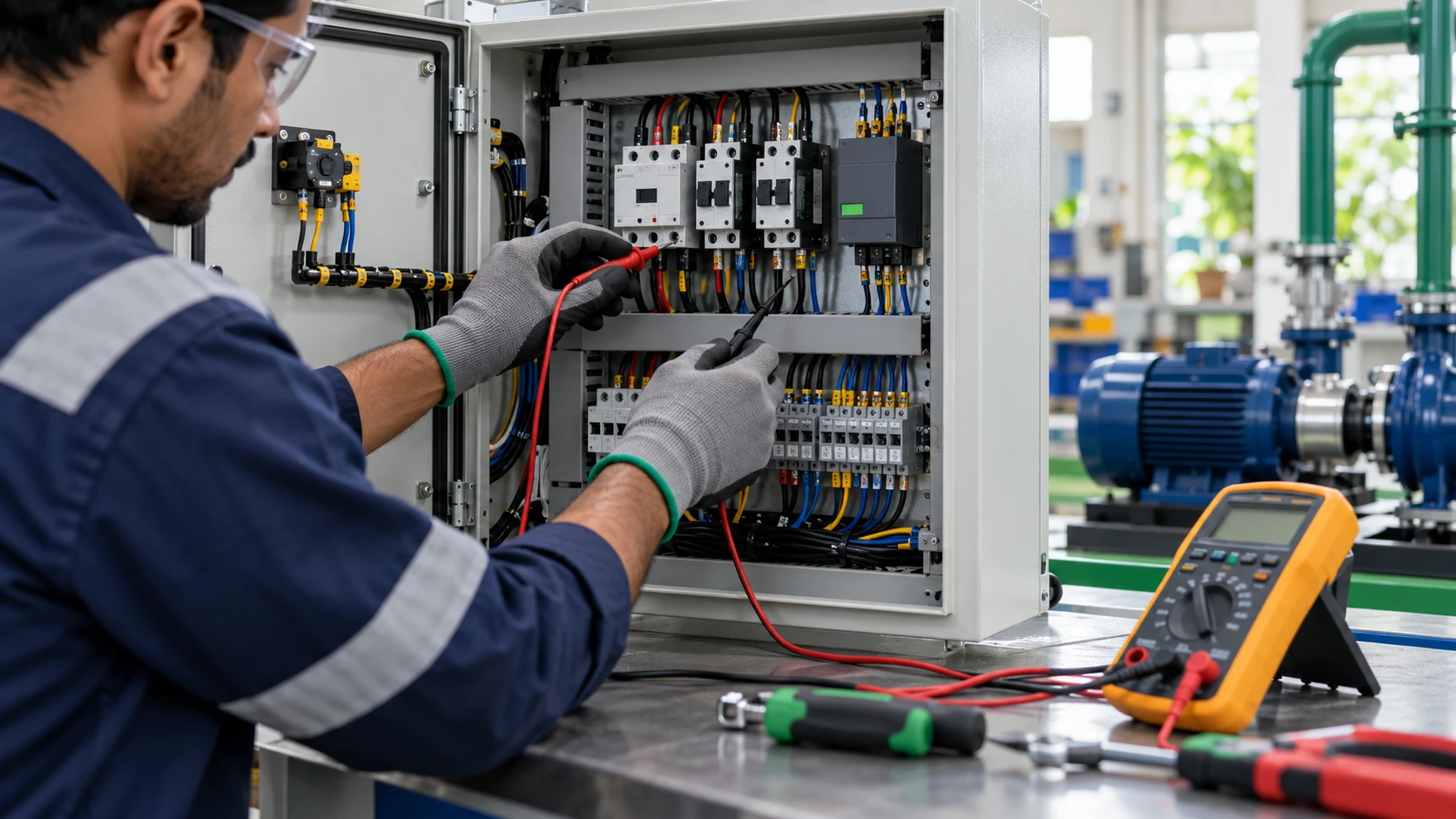 Generated illustration of electrical control panel inspection in a workshop