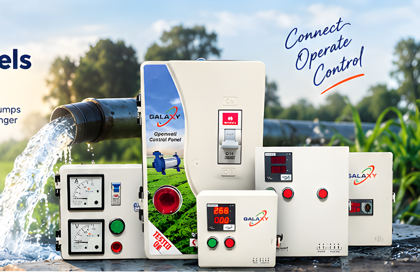 Galaxy electrical control panels beside an irrigation pump in an agricultural field
